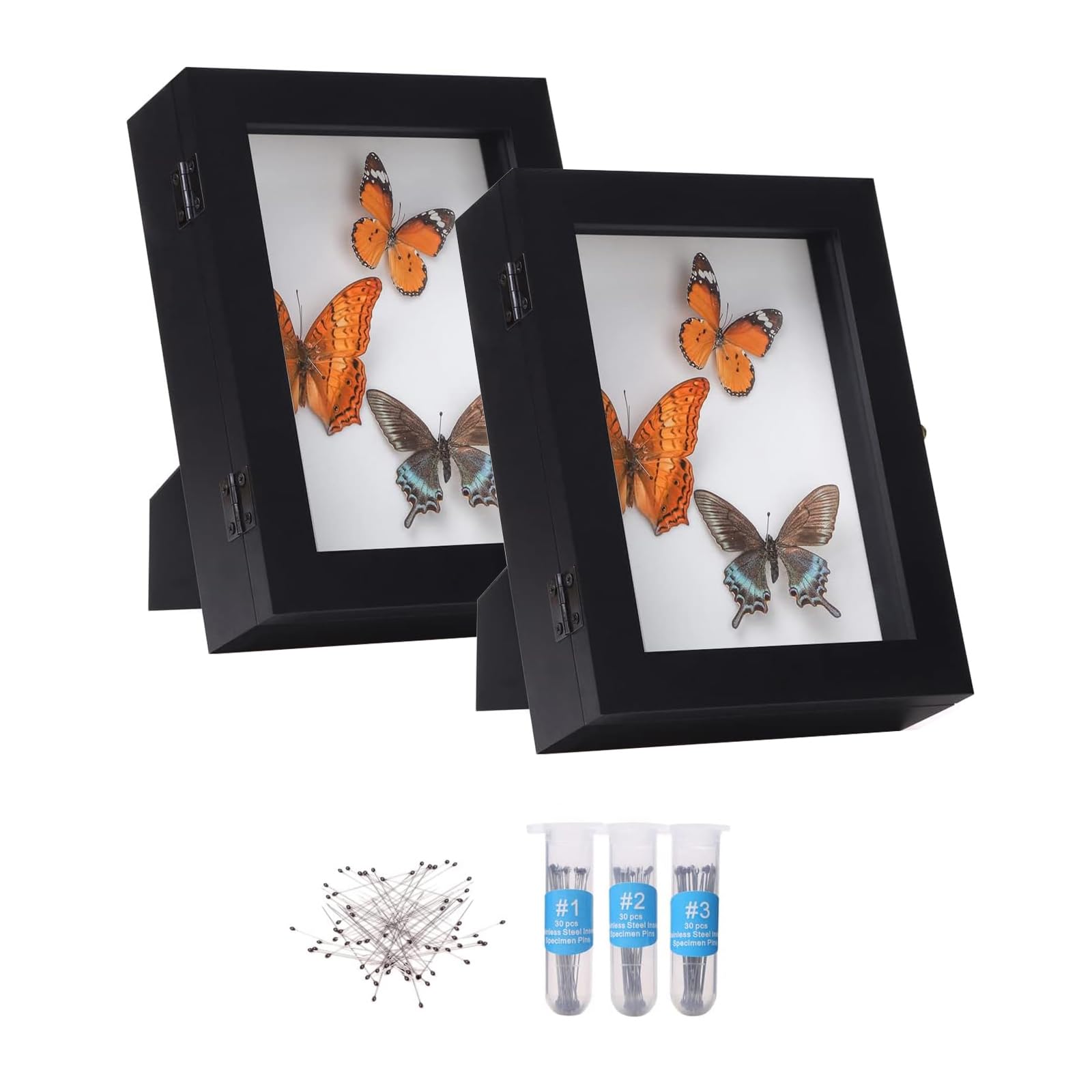 IHEIPYE Insect Display Case 2 Pack Wall Mount Bug Display Case Collection Box for Butterfly Specimen with Anti Fade UV Protection Acrylic Top Eva Foam Pinning Board and 3 Sizes Pins Black