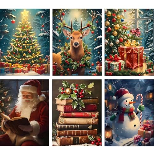 Jawecci 6 Packs Christmas Diamond Painting Kits 5D DIY Snowman Santa Claus Diamond Art Kits for Adults Full Drill Round Diamond Dots Set Gifts 30X40cm