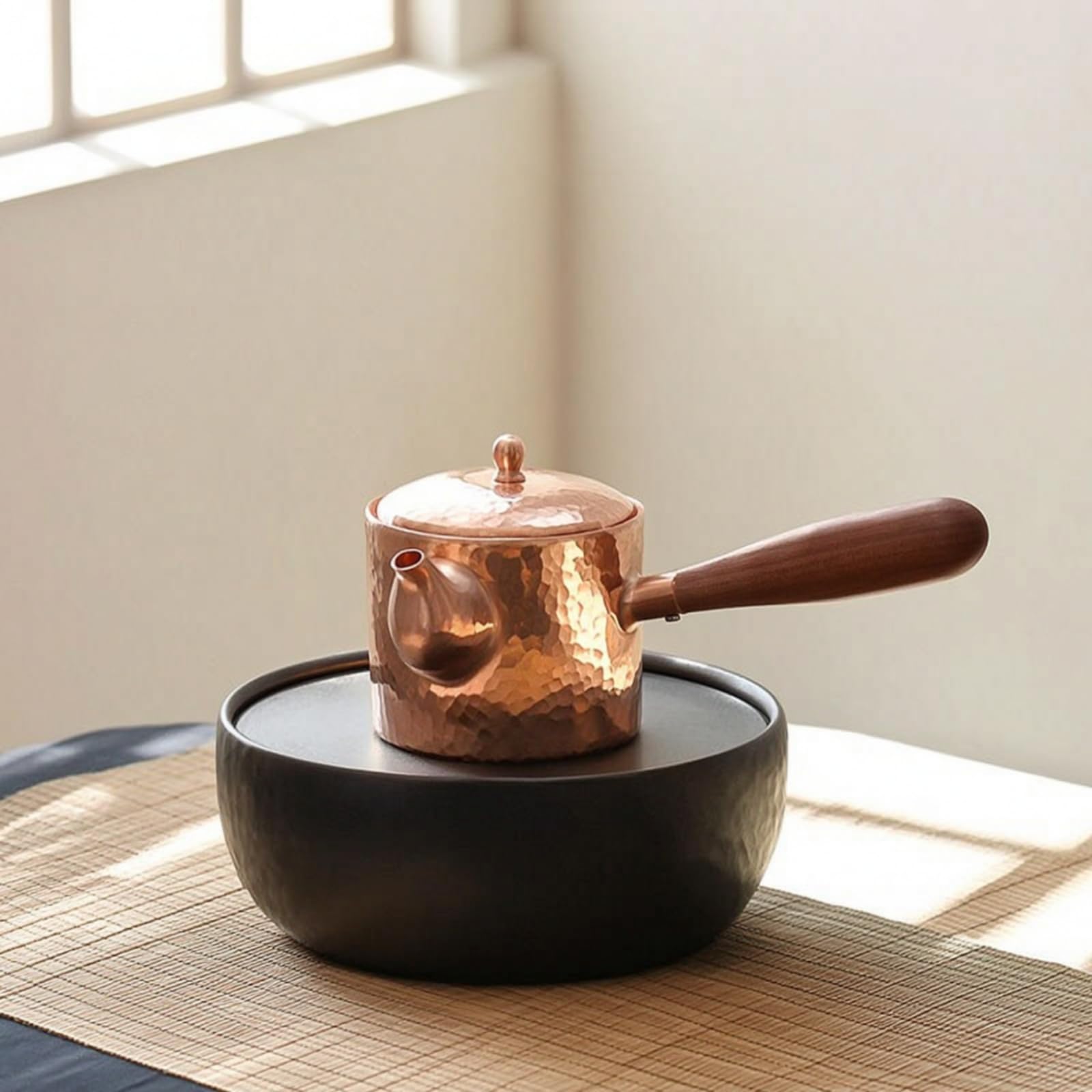 Tetera Cobre Martillado Tetera con Tapa Artesanal Hervidor para Coleccionistas, Aficionados l Té, Cocina, Mango De Madera