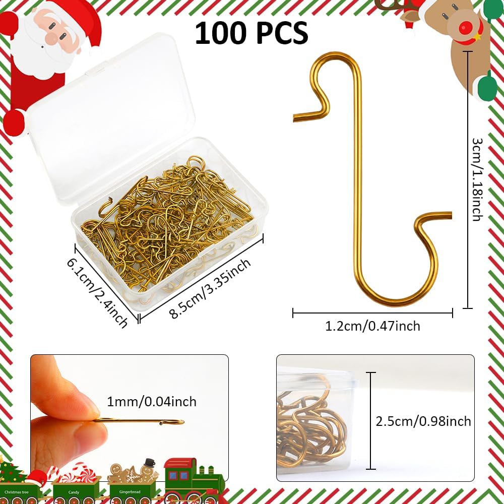 100 Pack Ornament Hooks, Christmas Ornament Hooks Ornaments Hangers Hooks for Christmas Ornaments Metal Wire Ornaments Hooks Anchors for Xmas Tree Decorations Hanging, Gold
