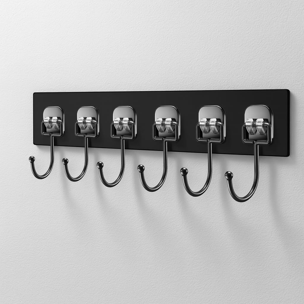 GNASTAS Wall Hook Hanger with 6 Hooks | Heavy Duty Wall Mounted Adhesive Hook Rack for Kitchen, Bathroom, Bedroom & Office | Multipurpose Organizer for Coats, Towels, Keys 1pc (Black)-image-33