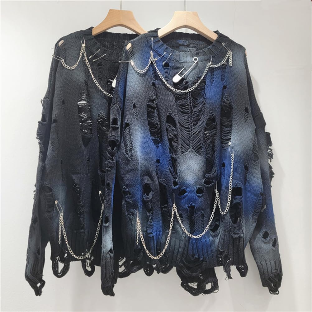 Damski gotycki sweter oversize z długim rękawem, wycięciami, okrągłym dekoltem, podarty sweter, bluza dziergana