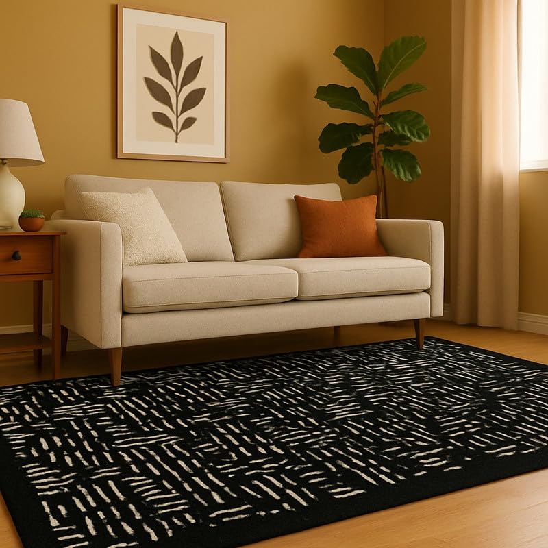 Image of Sifa Carpet Crafted with Care: Premium Hand-Tufted 100% New Zealand Wool Carpets for Area Rugs Color Black /White Size 4x6 feet (120x180cm)