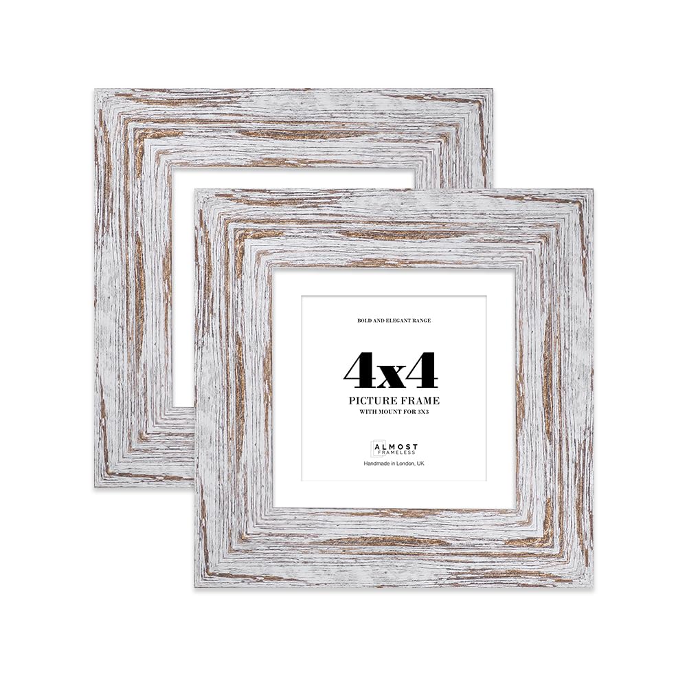 4x4" Distressed Wood Square Frame With Mount for 3x3" Pictures 28mm Edge Frame Display with Wall Hooks and Kickstand, 2 Pack
