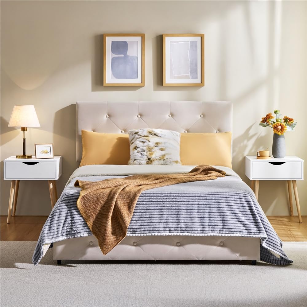 Yaheetech 2pcs Mesillas de Noche con 1 Cajón Mesitas de Noche | para Dormitorio Mesa Auxiliar de Madera para Sala de Estar Blanco 48,5×41×57,5 cm
