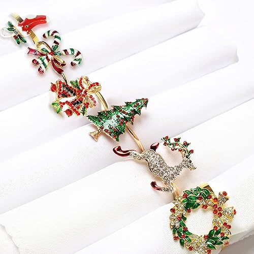 Miniatura 2 de Juego de 6 servilleteros de Navidad, árbol de Navidad, guirnalda de alce, campanas, servilleteros de caña para regalo de fiesta de Navidad,