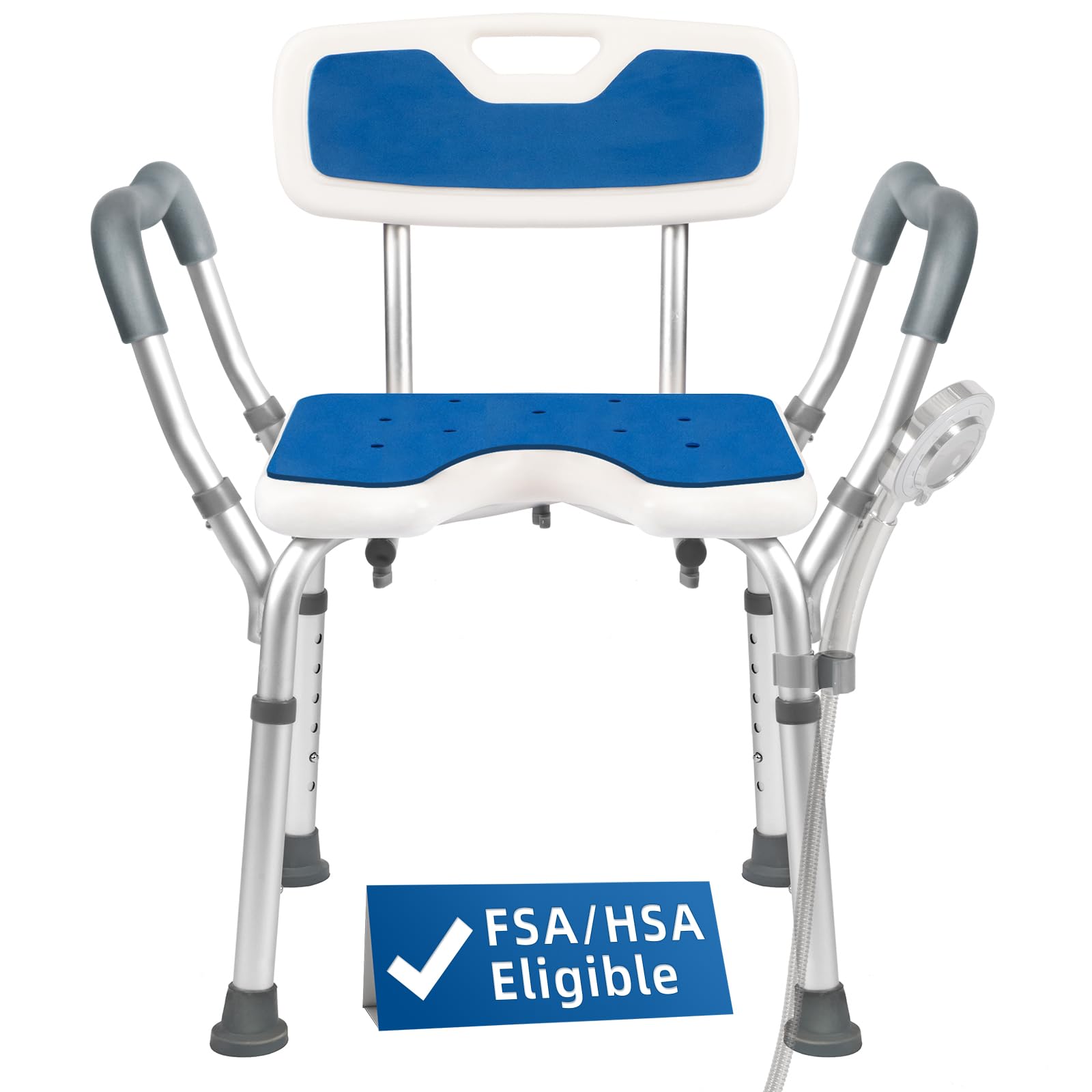 TooCust Extra Wide M-Shaped & Padded Armrests Shower Chair, 500lbs Capacity, Bariatric, Blue, Aluminum, Bath & Shower Safety Seating