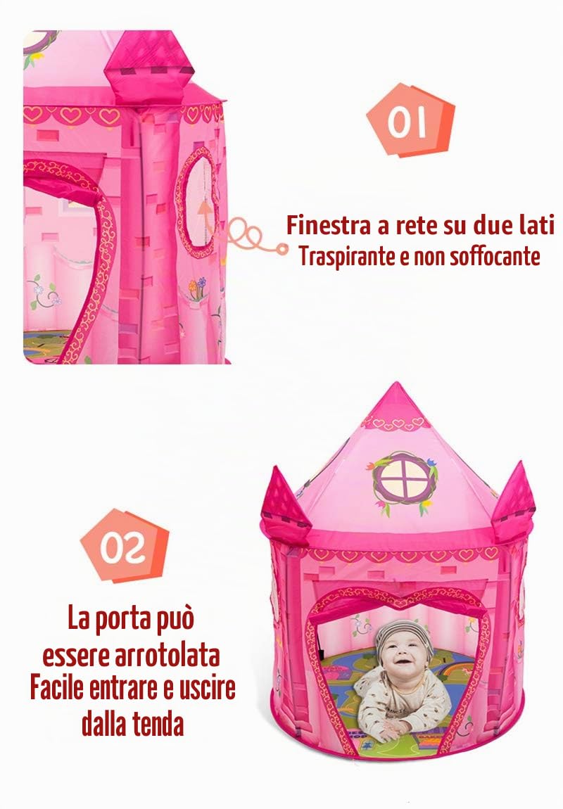 Tenda per bambini castello rosa da interno, pieghevole capanna da gioco
