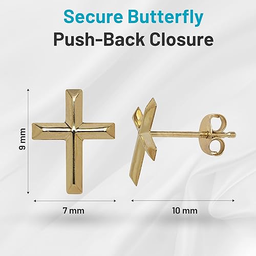 Vista 6 de JewelryWeb Aretes de cruz de oro amarillo de 14 quilates Pendientes de tuerca de fe biselada Pendientes de cruz para mujeres y niñas Joyería