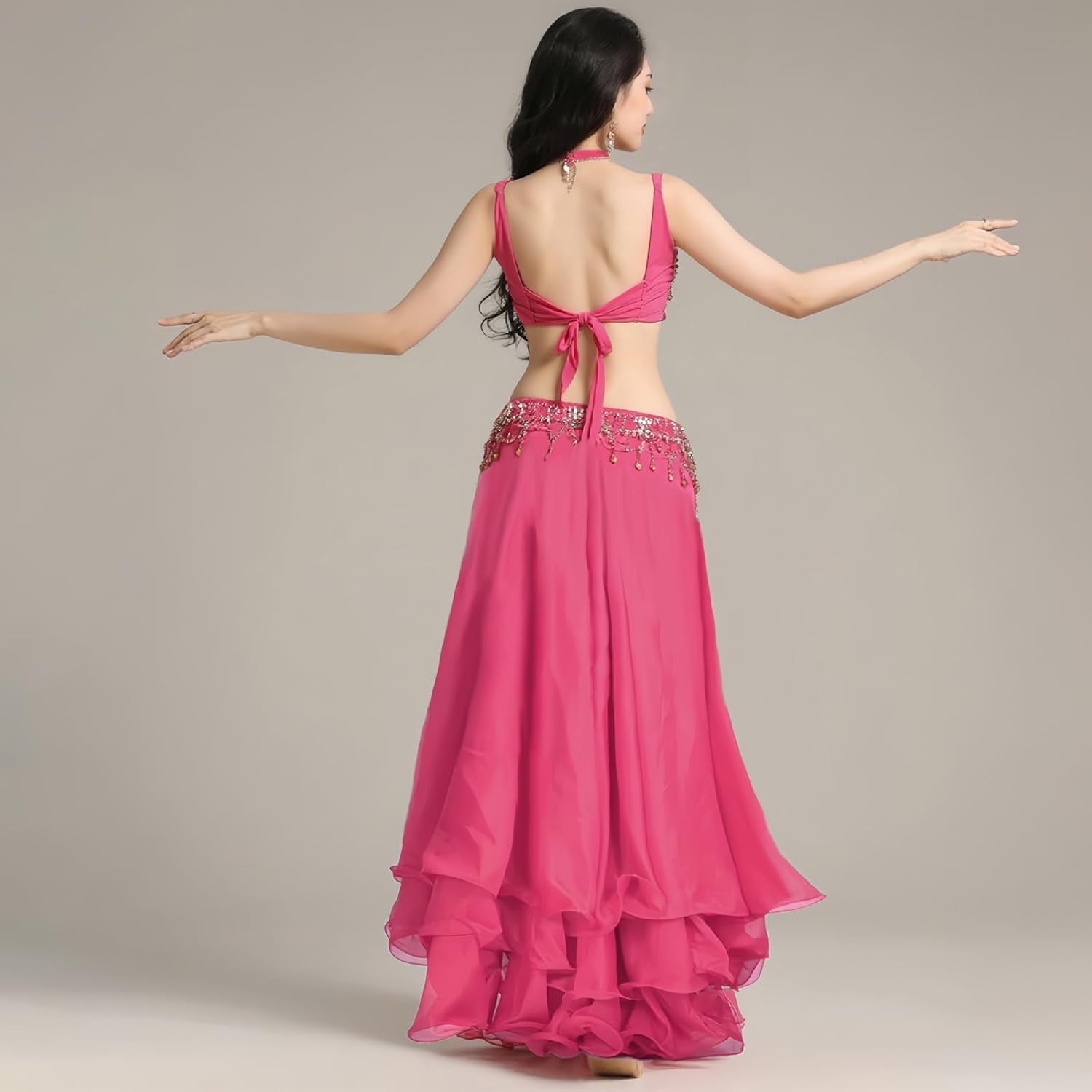 Women's 3-Layer Chiffon Hem Big Swing Skirt Belly Dance Spanish Long Skirts - Image 6