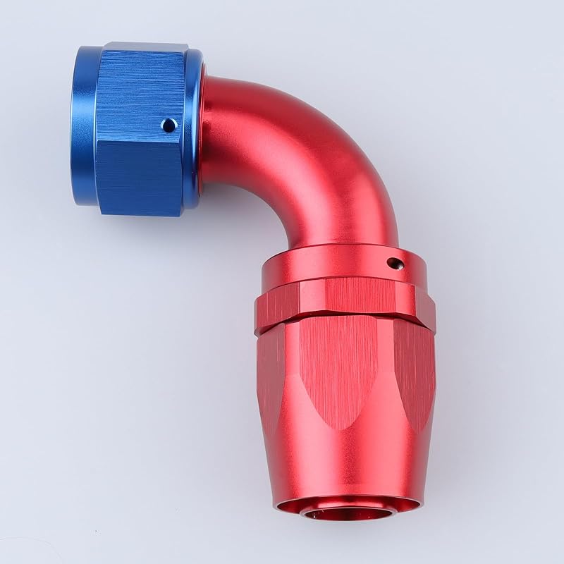 Conexão de mangueira 16AN 90° com giro AC PERFORMANCE em alumínio vermelho e azul – 1 unidade