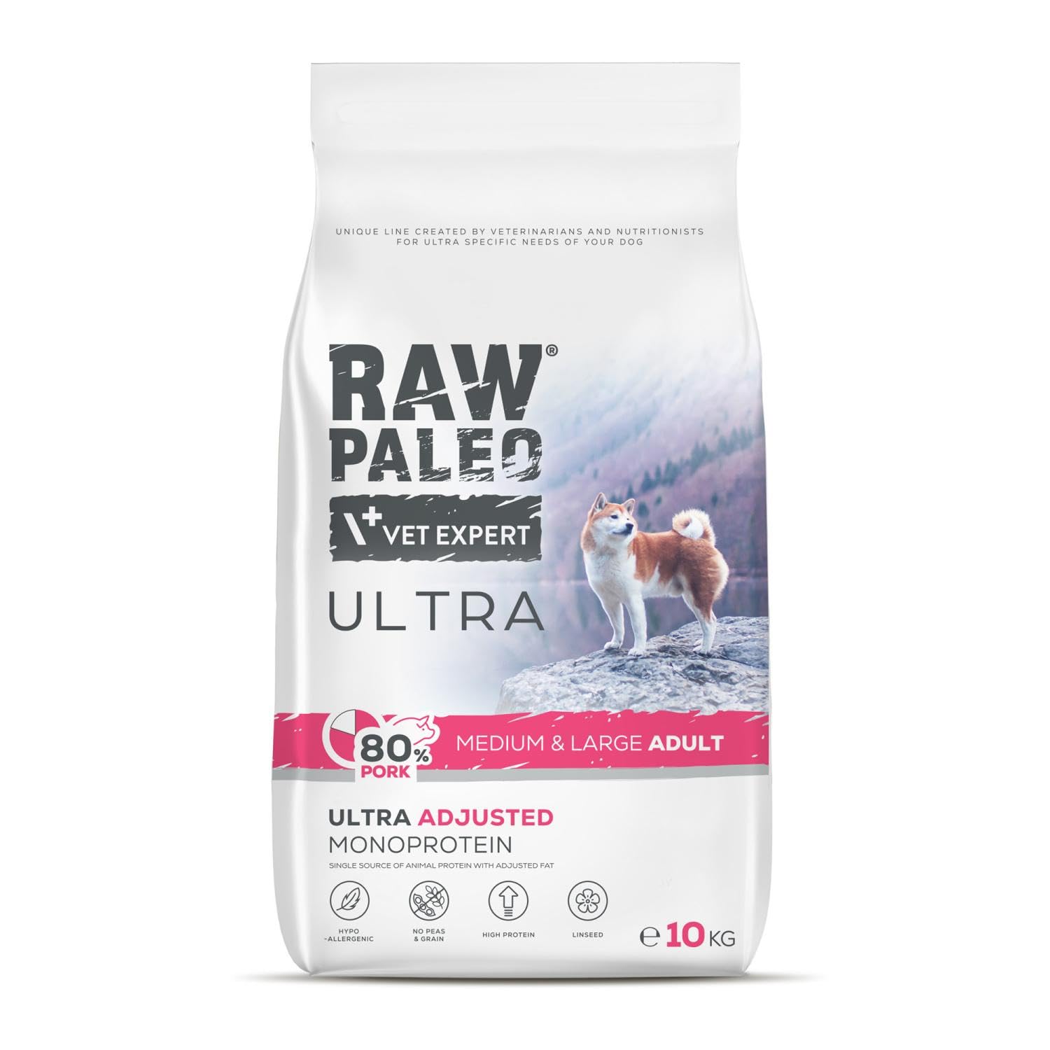 RAW PALEO ULTRA Karma Sucha Monoproteinowa z Wieprzowiną dla Dorosłych Psów Ras Średnich i Dużych 10kg