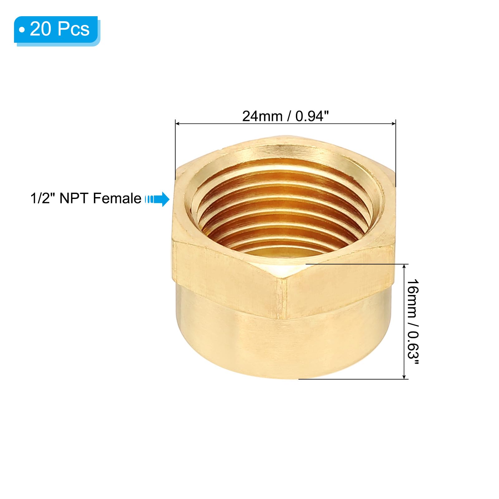 PATIKIL Tappo femmina in ottone NPT da 1/2", 20 pezzi, testa esagonale in ottone, tappo di tenuta per refrigerazione, gas, aria, acqua, linea olio, tonalità ottone