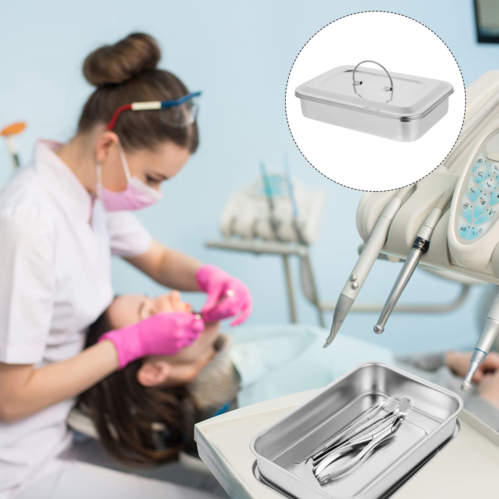 iplusmile Bandeja De Acero Inoxidable con Tapa Organizador De Instrumentos Médicos Dentales Y Laboratorio 9.64X6.49X1.96In Reutilizable para Esterilización Y Almacenamiento Seguro
