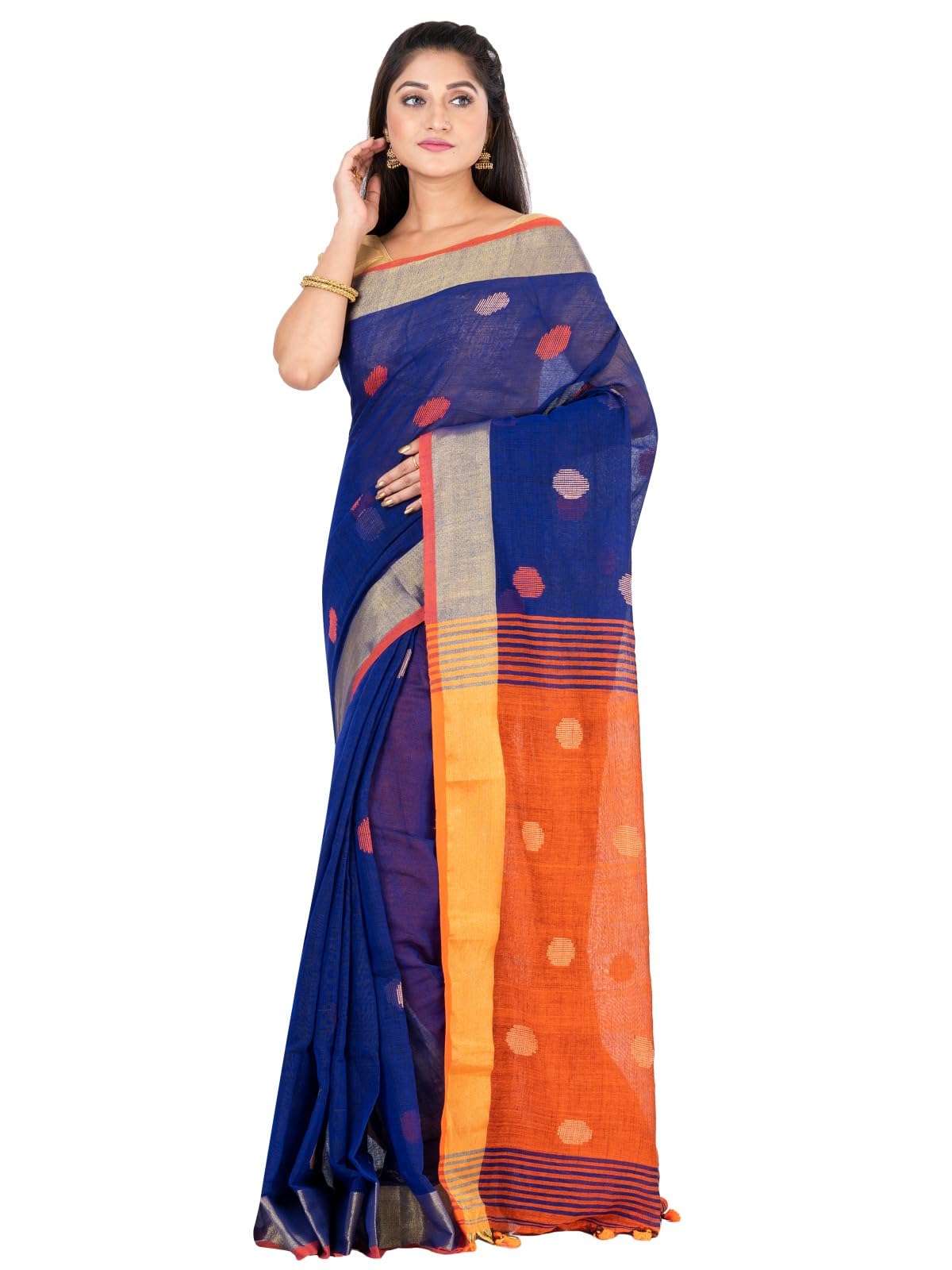 Handloom Khadi Ball Saree with Border, Polka Dot Pattern, Traditional Indian Ethnic Wear-image-29