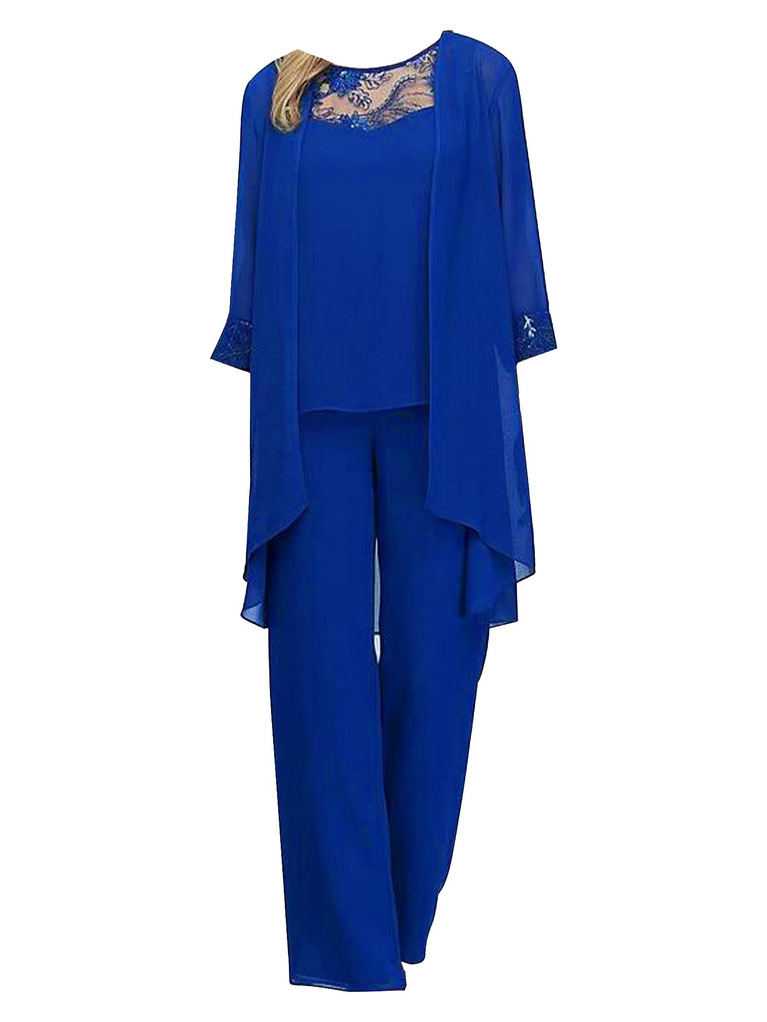 IEFIEL Conjunto de Fiesta Elegante de 3 Piezas para Mujer Camisola Chaleco de Gasa Suelto con Encaje y Pantalones Rectos y Cárdigan Traje de Verano Talla Grande S-5XL