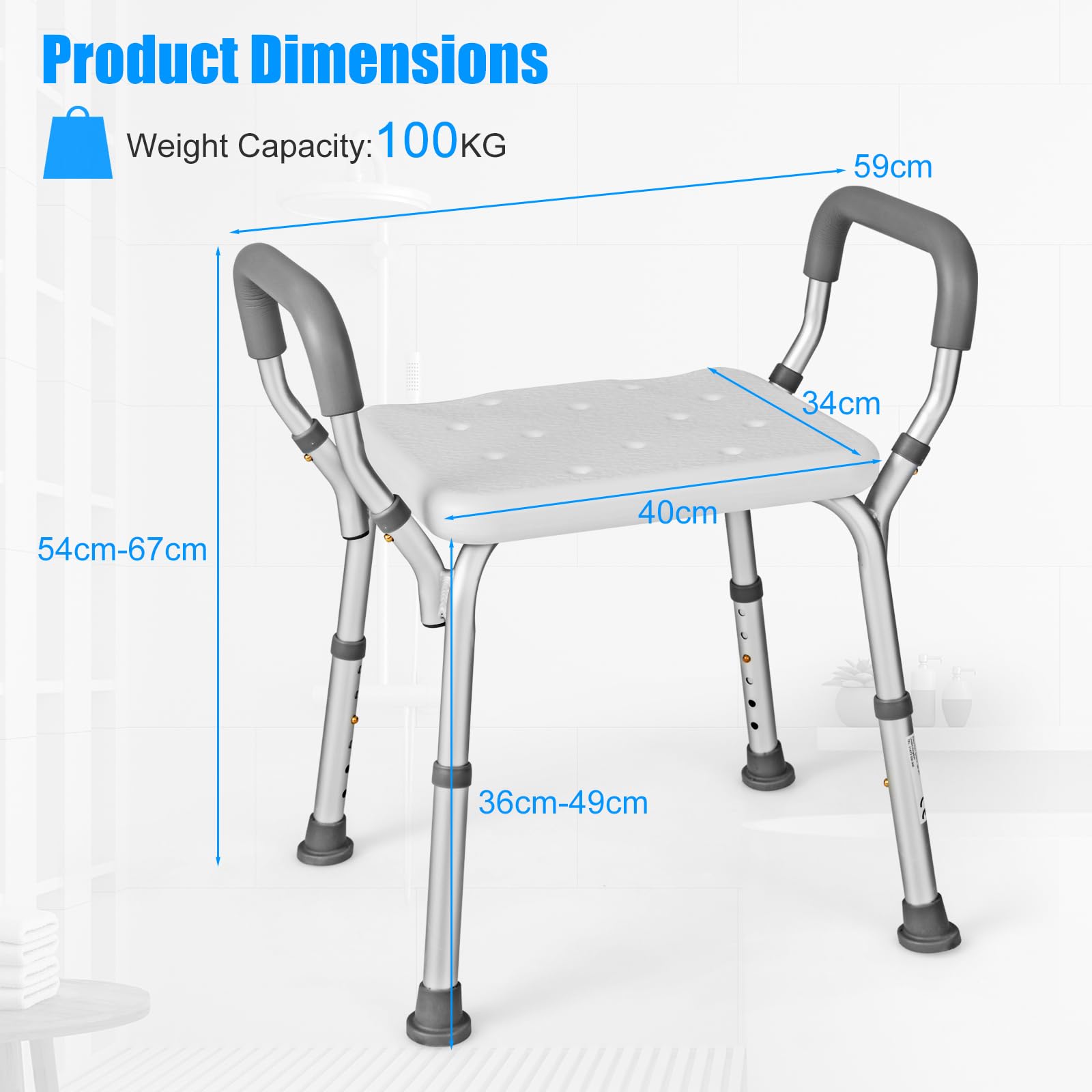 HOMASIS Taburete de Ducha Regulable en Altura en 6 nilveles, Banco de Ducha de Aluminio con Brazos Acolchados Desmontables y pies de Goma Antideslizantes, para Personas Mayores, 59x34x54-67cm, Blanco