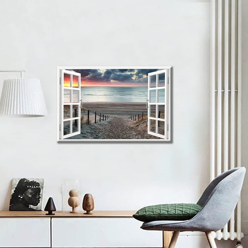 TISHIRON 3D Window Effect Coastal Picture Artwork Beach Seascape Canvas Wall Art with Wooden Pathway to Ocean for Bedroom Wall Decor Stretched and Framed Ready to Hang 12x18inch - Image 2