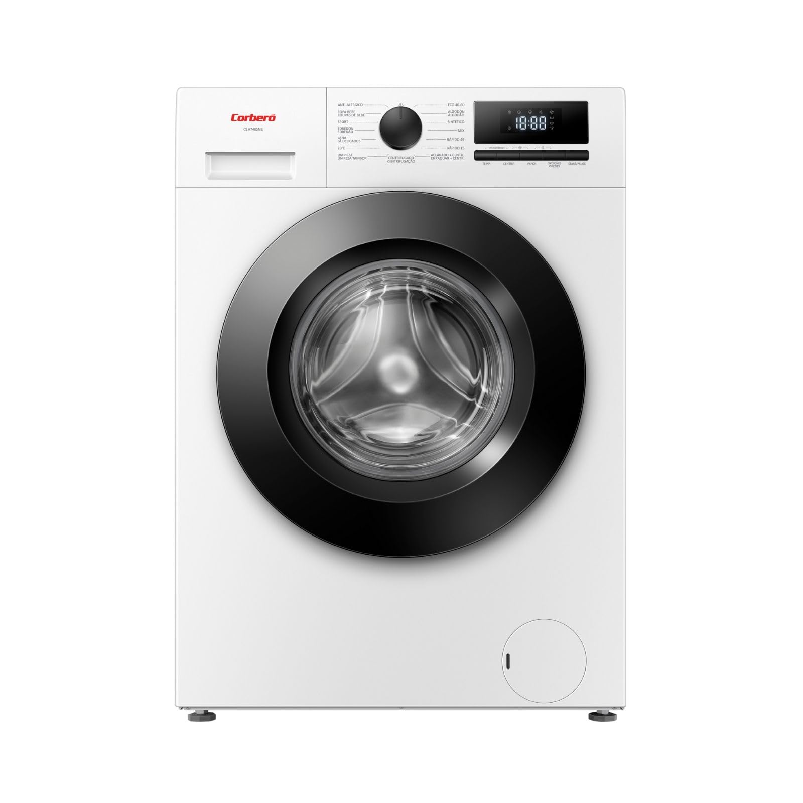 Corberó – Washing Machine Front Load Plus 7 kg | CLH7405ME | 1200 RPM | Inverter | 15 Programs | Steam | Anti-Allergic | Deferred Start | White Energy Label