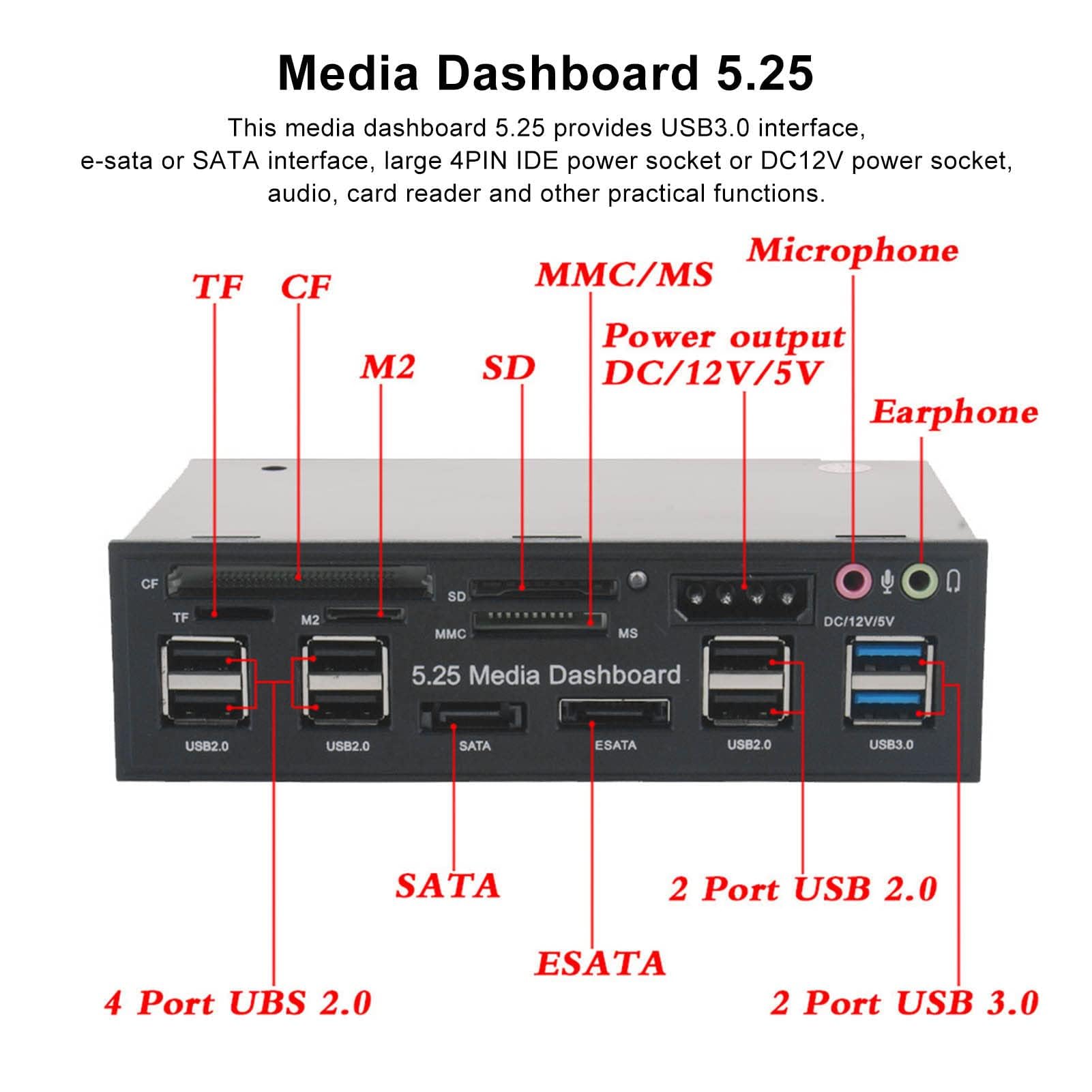 Dpofirs 5,25-Zoll-PC-Multifunktions-Dashboard-Medien-Frontblende, mit Dual USB 3.0, SATA E-SATA, 6 USB 2.0-Anschlüssen, Audioanschlüssen, Unterstützung für M2 TF MMC MS CF-Medien-Frontblende