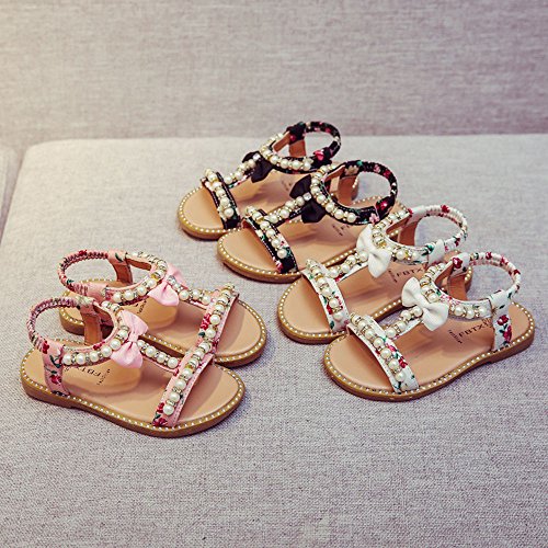 White Sandals for Girls Kids Baby Girls Sandals Bowknot Pearl Crystal Roman Sandals Princess Shoes (Black, 21)4