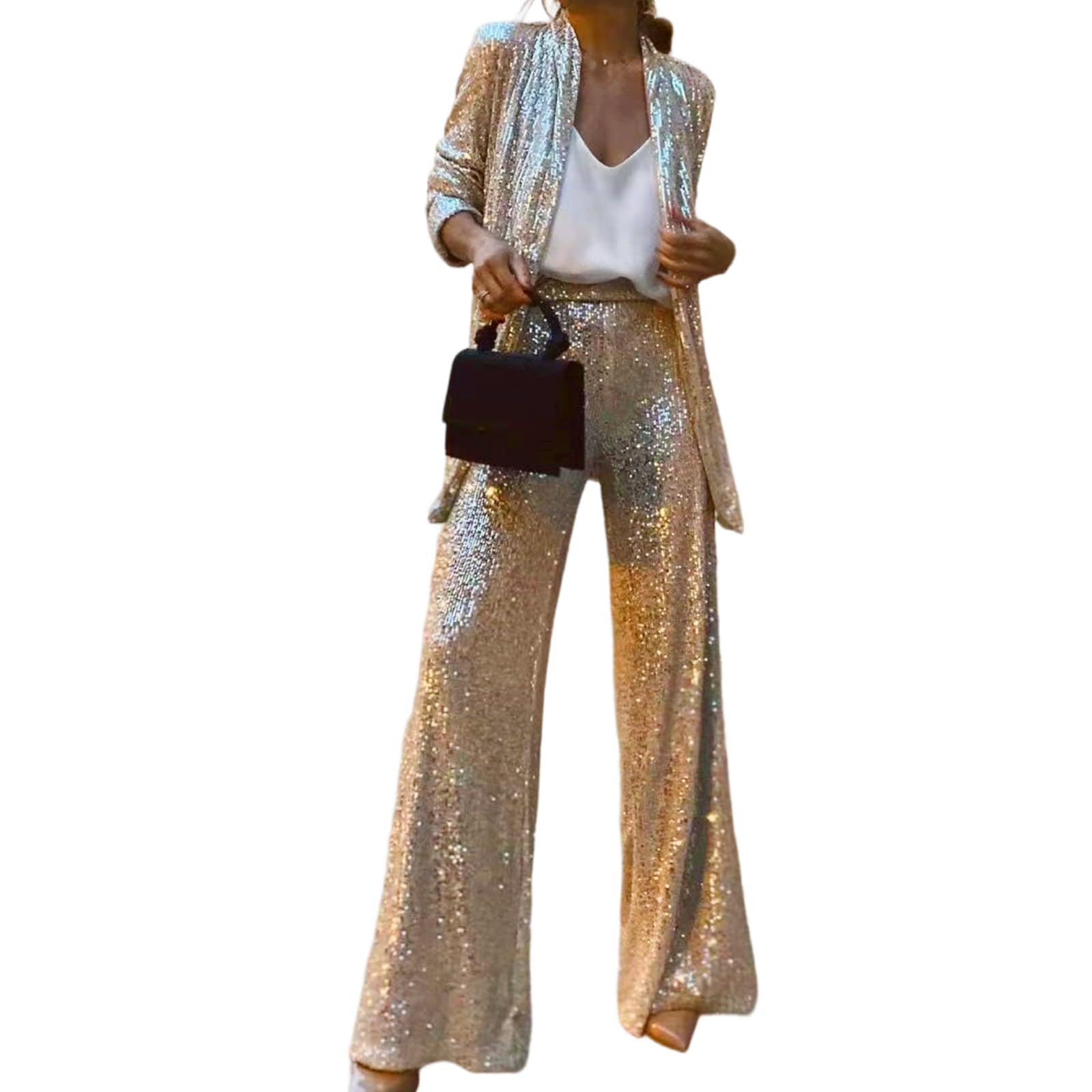 Paillettenbesetztes Ensemble für Damen, bestehend aus einem Blazer mit V-Ausschnitt und einer hoch taillierten Hose mit weitem Bein – ein funkelndes zweiteiliges Party-Outfit