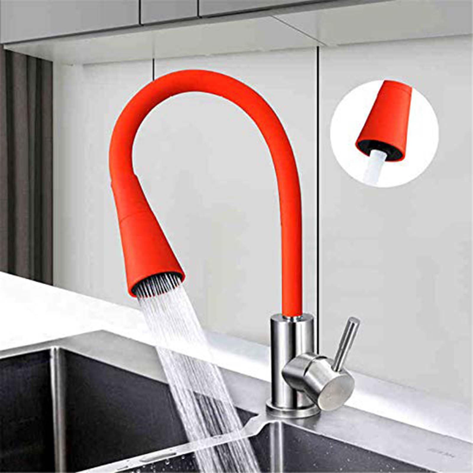 Grifo Cocina Abatible Giratorio 360°, Debajo de la Ventana Grifo de Fregadero Plegable con Dos Salidas de Agua, Acero Inoxidable 304 Mezclador Fregadero Agua Fría y Caliente para Cocina (rojo)