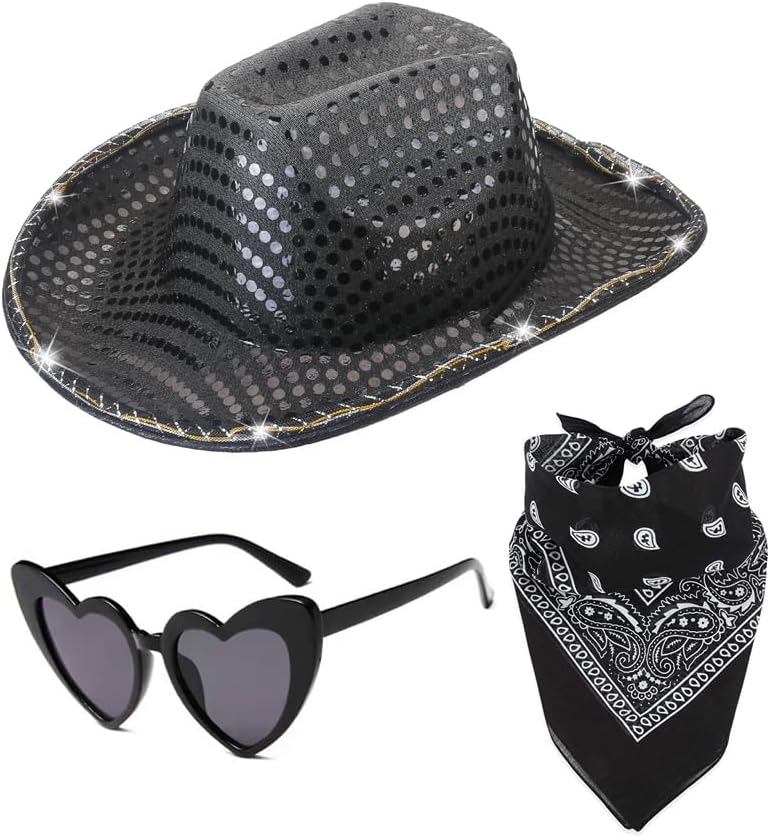 Black Light Up Cowgirl Hat with Glasses Space Cowboy Hat For Women