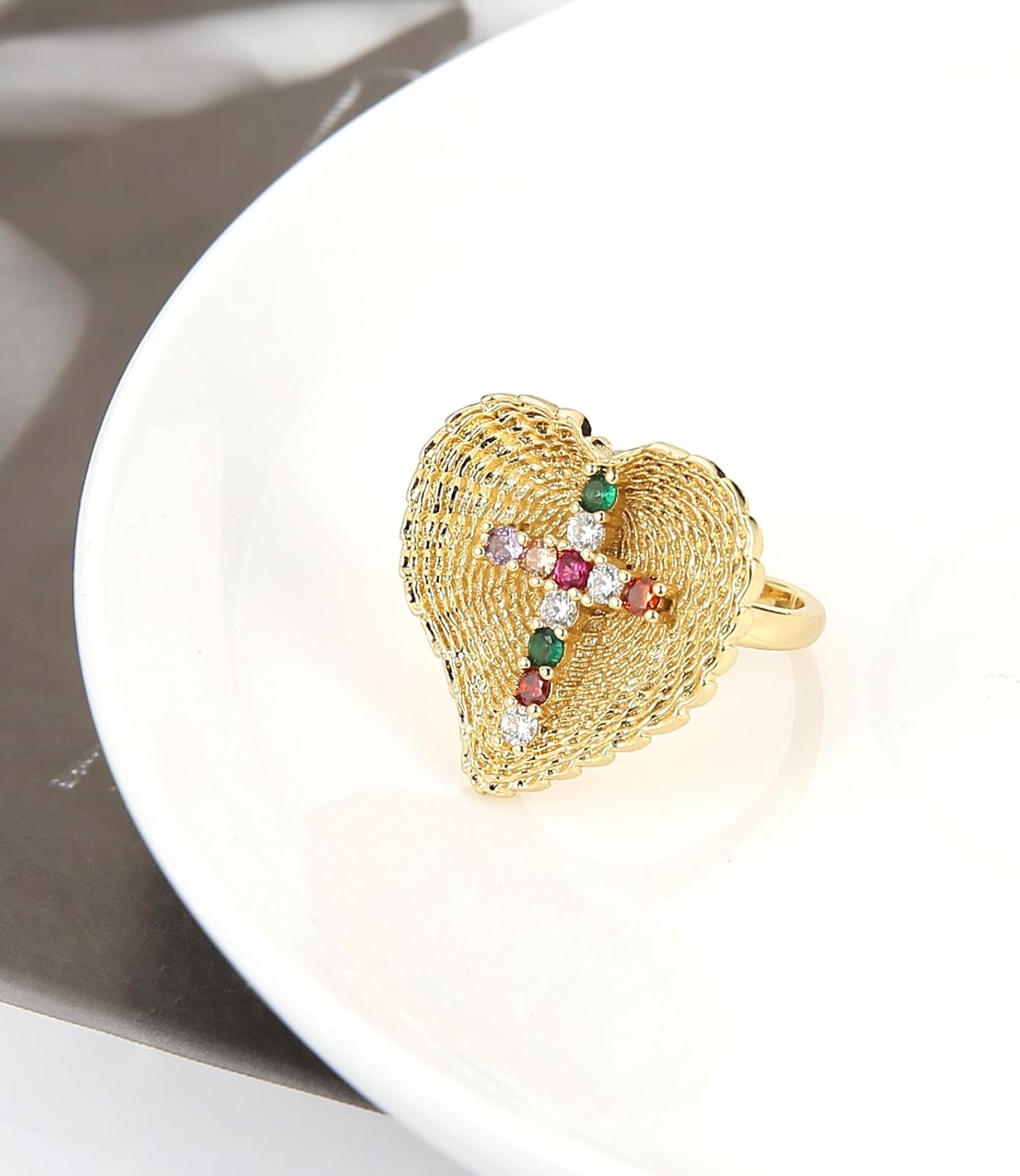 HZMAN 14K Gold Plated Ring for Women Dainty Cubic Zirconia Cross Love Heart Ring Open Adjustable Statement Chunky Rings Jewelry Gift - Image 3