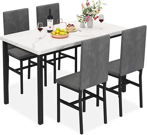 MIERE Juego de mesa de comedor para 4 juego de mesa de comedor de mármol de 5 piezas con 4 sillas de marco de metal de terciopelo para cocina bar