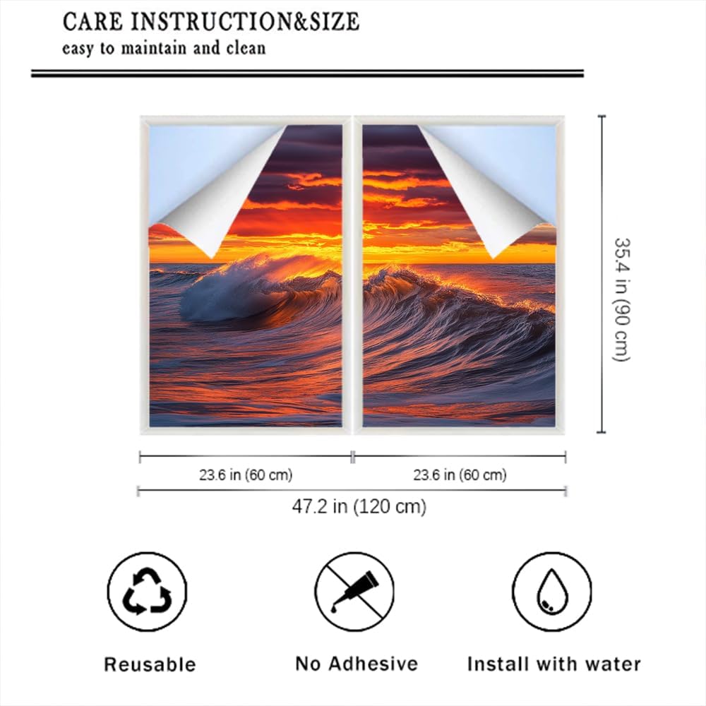 Fantasy Ocean Window Privacy Film Stained Glass Colorful Sunset Landscape Beautiful Waves Decal for Glass Decorative Stickers Adhesive Windows Sun Blocking Coverings 23.6Wx35.4L inch x 2pcs