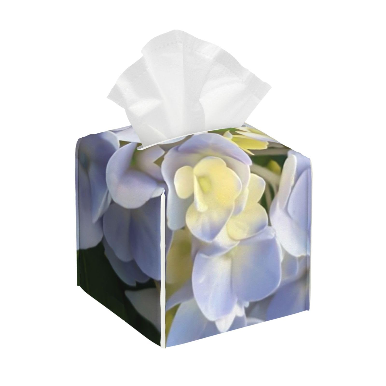Soft Blue Hydrangea Tissue Box Cover 5" Square Leather Tissue Holder Facial Tissue Case for Tabletop Bedroom Bathroom Desk Decor