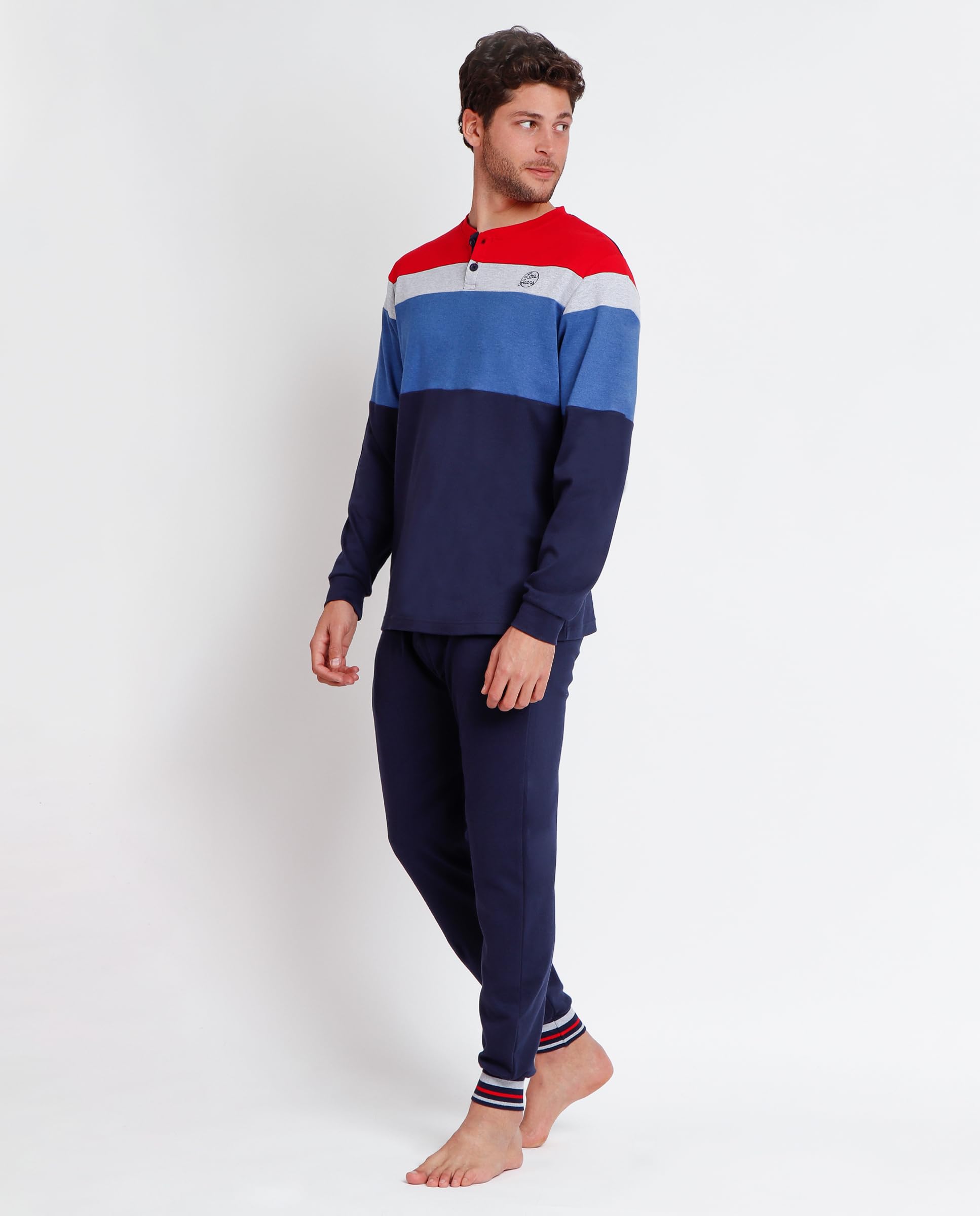 Lois Pijama Hombre Invierno 92% algodón, 8% poliéster – Pijama de Hombre Dos Piezas Division con Camiseta Manga Larga y pantalón Largo Cinturilla elástica, Punto Suave Ajuste cómodo, Azul, Talla XXL