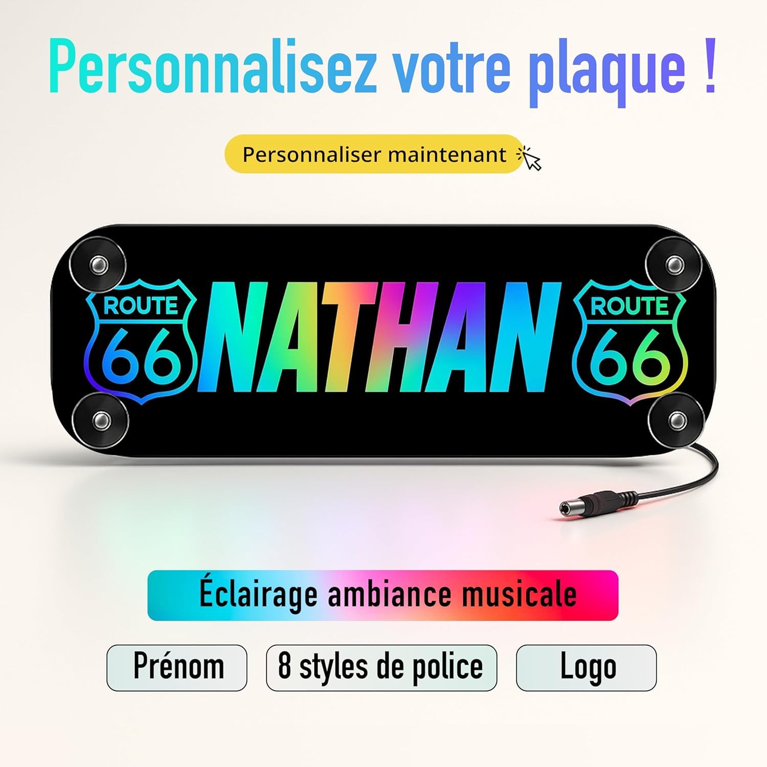 Plaque lumineuse camion personnalisé 60 x 14cm STICK OLIVIER® éclairage LED RGBW à ambiance musicale 5v 12v 24v USB plaque routier personnalisé [ Enseigne lumineuse personnalisable ]