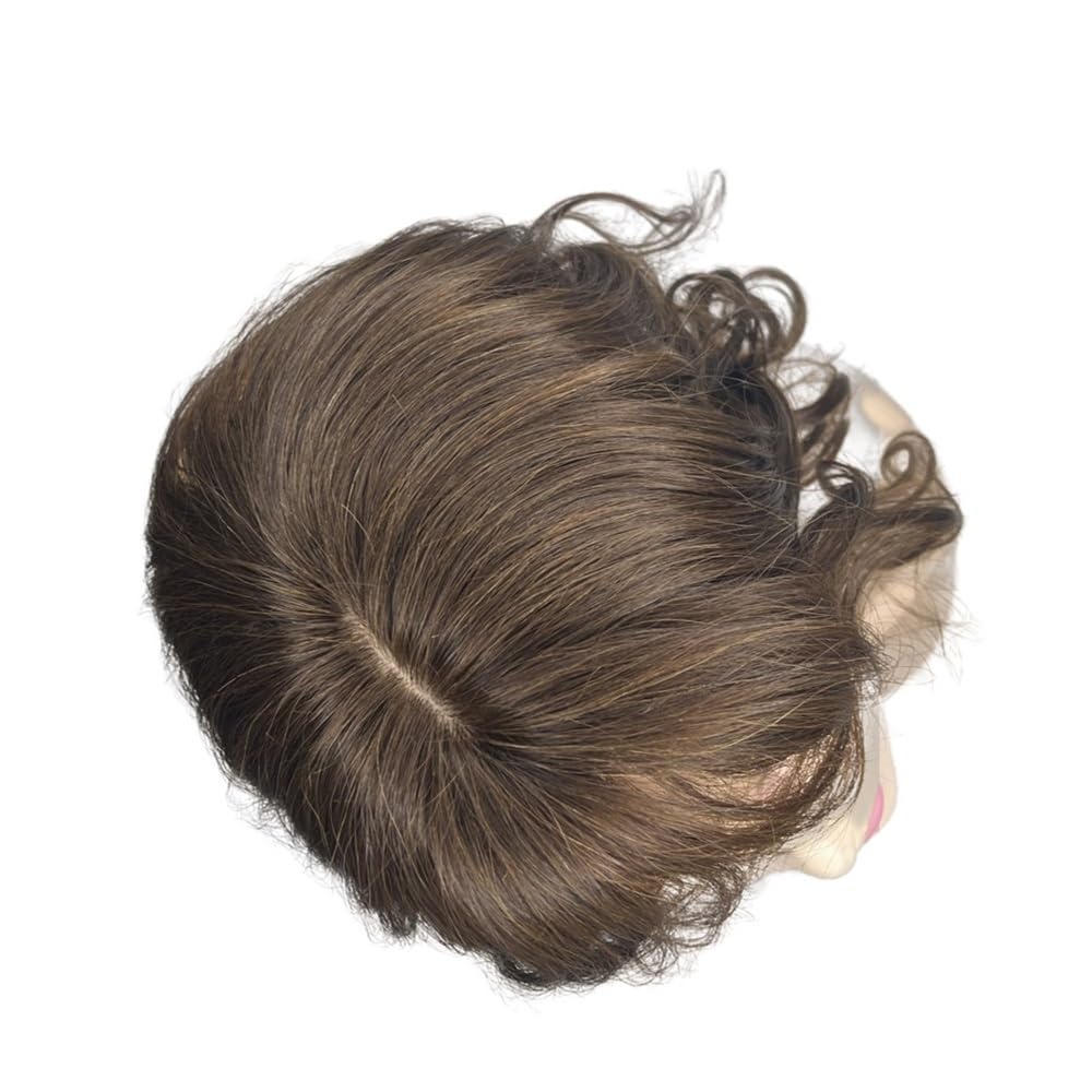 Topper de cheveux humains bouclés de vague de corps de 14 pouces for les femmes, avec 3 clips, postiches avec frange Extensions de cheveux(Dark Brown)