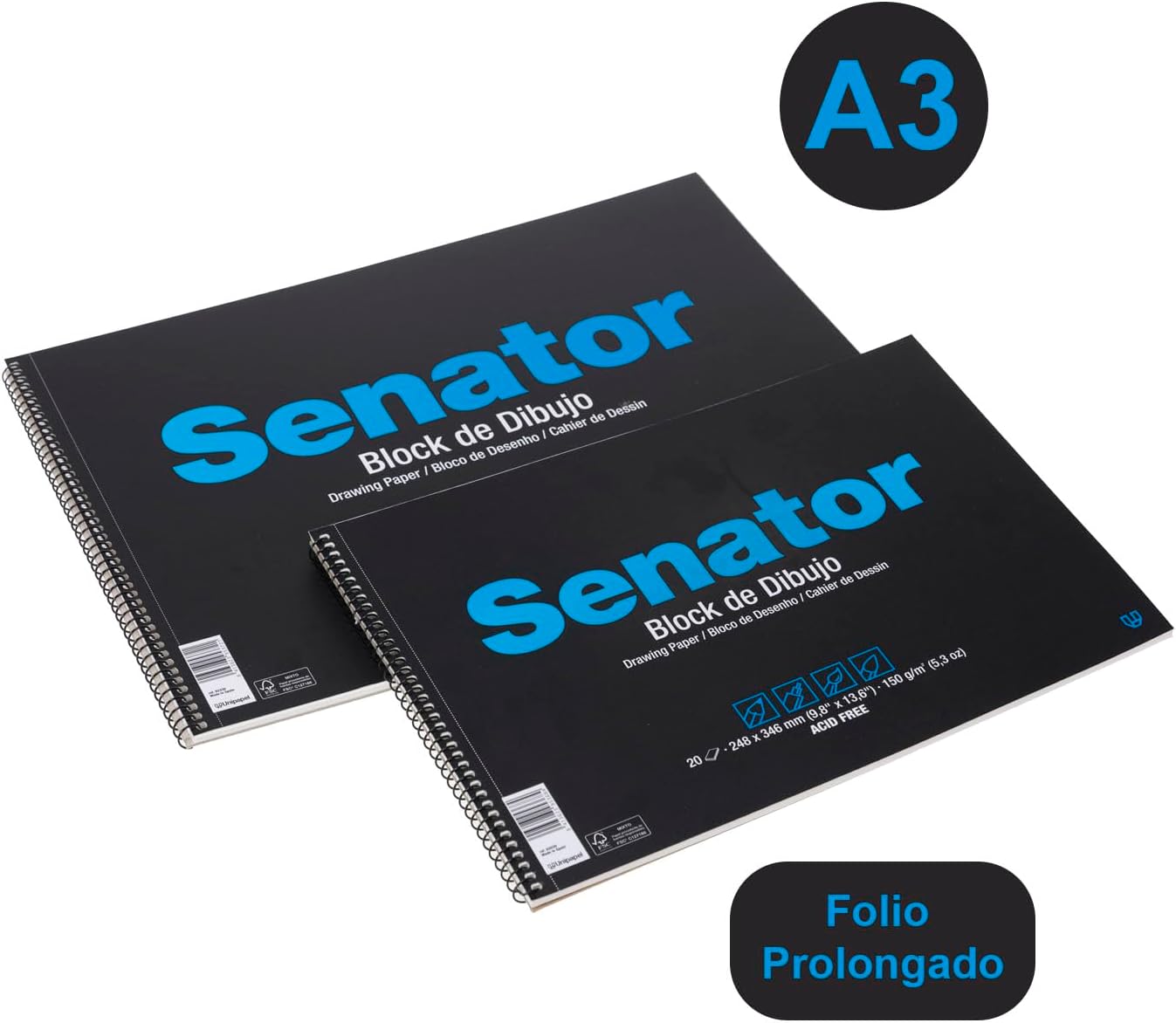 Unipapel 37002410. Senator Microperforated Drawing Pad with Box and 2 Drills, Prologando Folio Size, 150 g, Boned Paper, Mass-Glued, Acid Free, FSC Certified