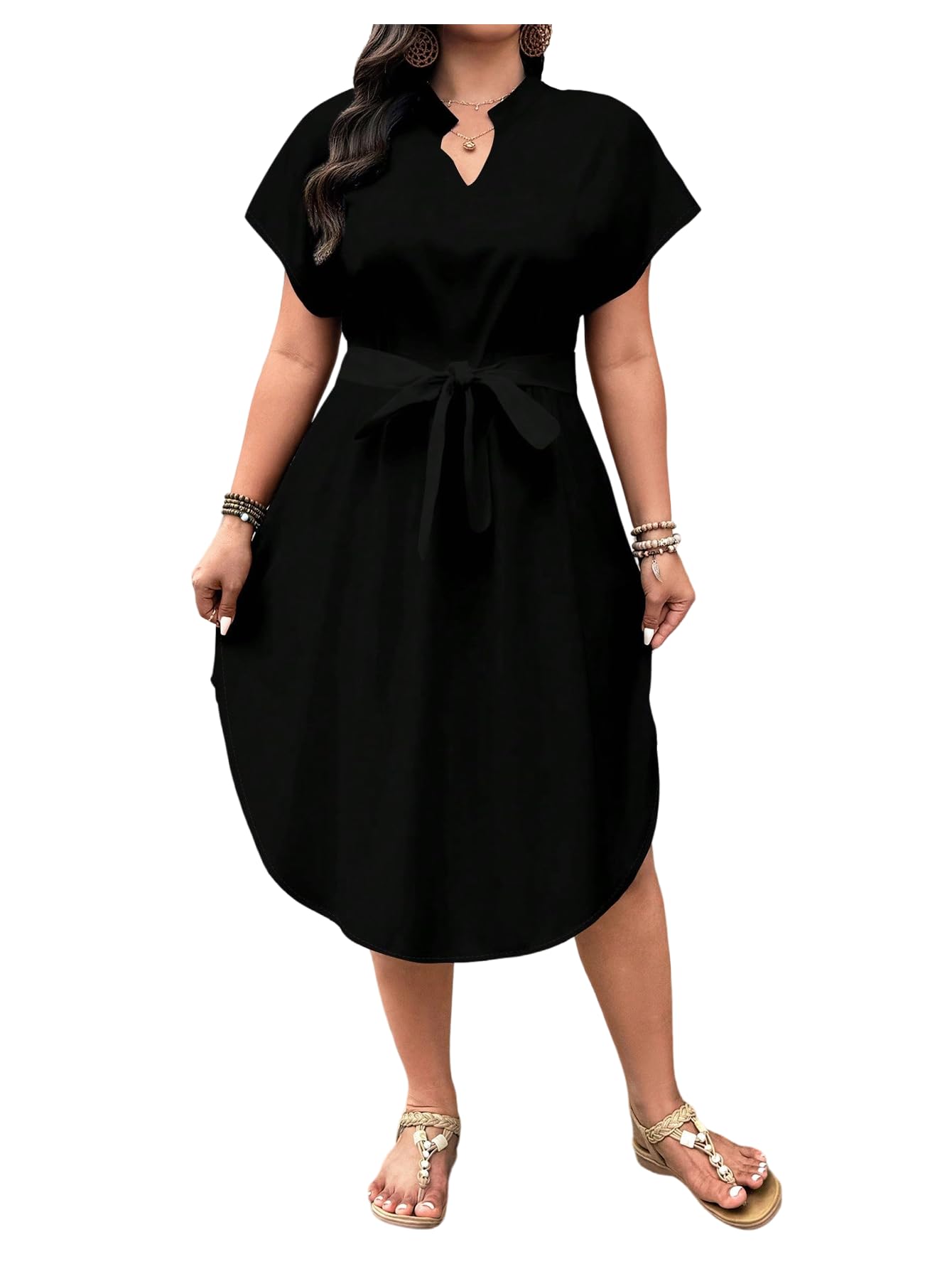 Floerns Womens Plus Size Tie Waist Dress Notch V Neck Dolman Sleeve A Line Midi Dresses