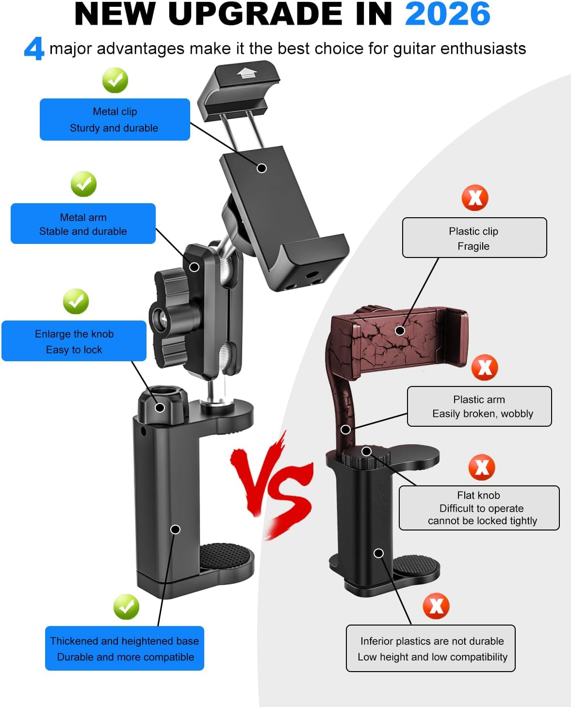 Guitar Phone Holder - Metal Adjustable Arm, Guitar Phone Mount for for Guitars, Ukuleles, Basses, Electric Guitar, Fits iPhone 17 Pro Max 16 15 Plus, for Video Recording and Online Teaching