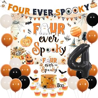 Cheereveal Halloween 4th Birthday Decorations, Four Ever Spooky Backdrop Paper Banner Cake Topper, Black and Orange Ghost Halloween Fourth Birthday Baby Shower Party Supplies