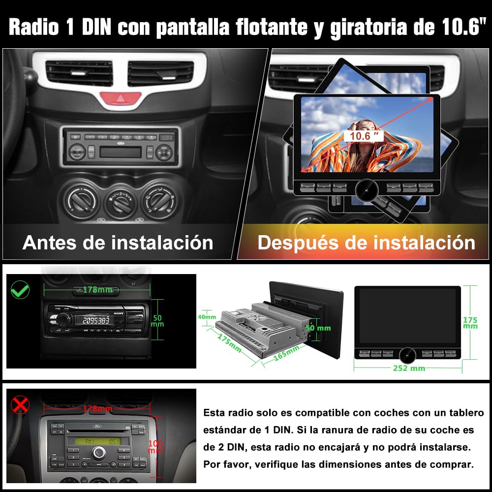 Android 13.0 [4GB+64GB] Radio Coche 1 DIN Universal con Pantalla Táctil Inclinable y Giratoria de 10.6 Pulgadas, Autoradio Admite CarPlay/Android Auto Inalámbrico/WiFi/4G/Bluetooth