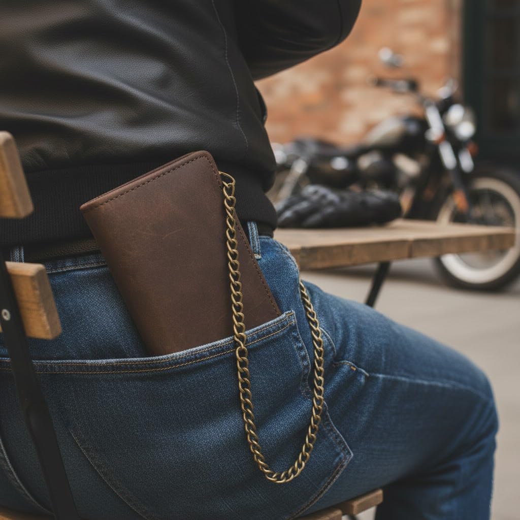 CLASSIC Motorcycle Chain Wallet for Men – Premium Cowhide Leather, RFID Bi-Fold Biker Wallet for Bikers Truckers & Hunters, Credit Card Money Organizer Long Wallet Crazy Horse Brown Vintage Chain