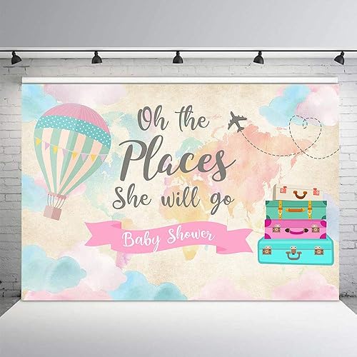 Miniatura 3 de Decoración de fiesta de baby shower de niña de viaje, telón de fondo, mapa rosa, maletas, viajes alrededor del mundo, globo aerostático, Oh The