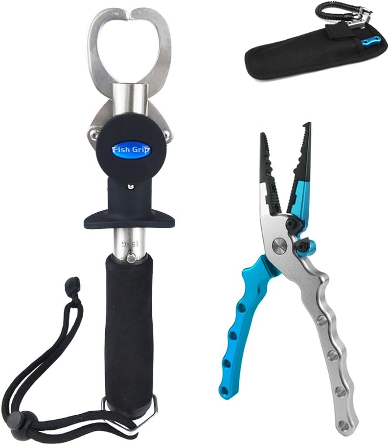 HJJS Fishing Pliers (Air-Craft Grade Aluminum) and Fish Gripper (Stainless Steel) in a Combined Set of Fishing Tools