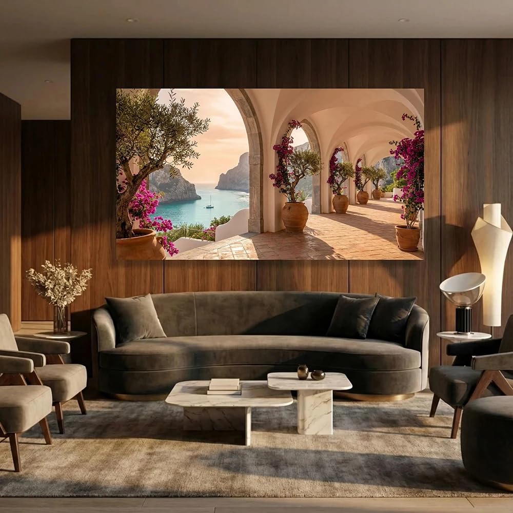 GKUVBF Affiche sur toile représentant une arche méditerranéenne, des oliviers et des bougainvilliers, avec vue sur la mer et un paysage côtier (90 x 180 cm, sans cadre)
