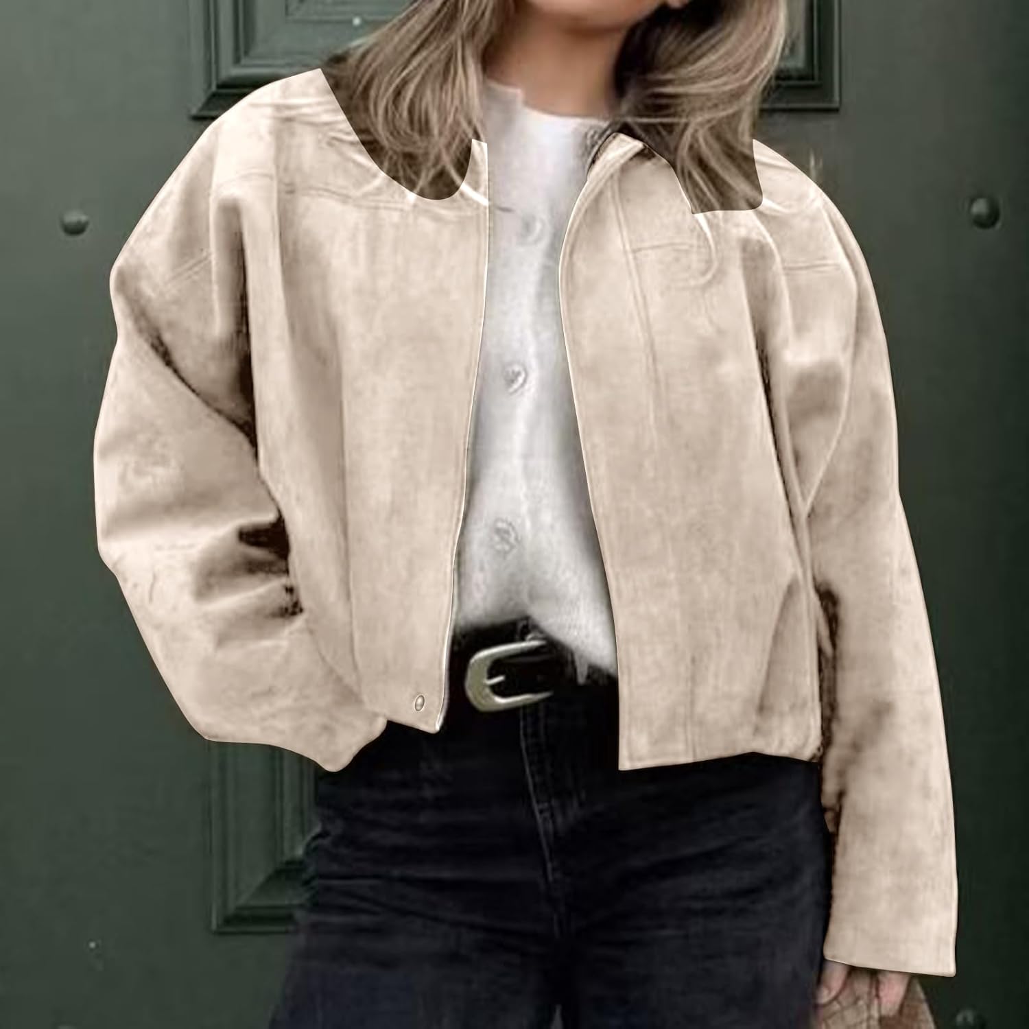 Women's Faux Suede Bomber Jacket Oversized Streetwear Casual Lapel Long Sleeve Motorcycle Jacket - Image 5