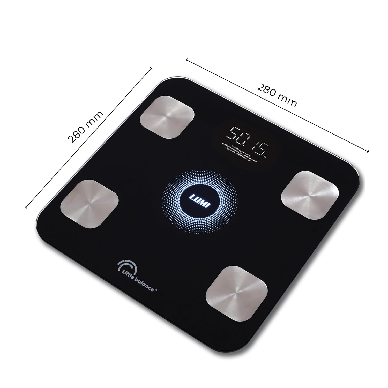LITTLE BALANCE 8861 i-Lumi, Pèse-personne connecté, Balance Impédancemètre connectée, 14 données corporelles, 180 kg, Verre trempé, Noir