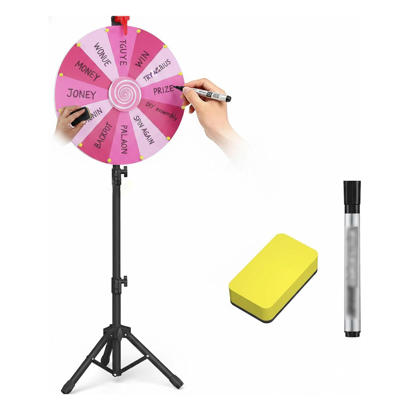 60cm Ruleta Giratoria Altura Ajustable 100-200cm, Spinning Wheel for Prizes 14 Ranuras Coloridas para Carnaval y Feria Comercia,Pink