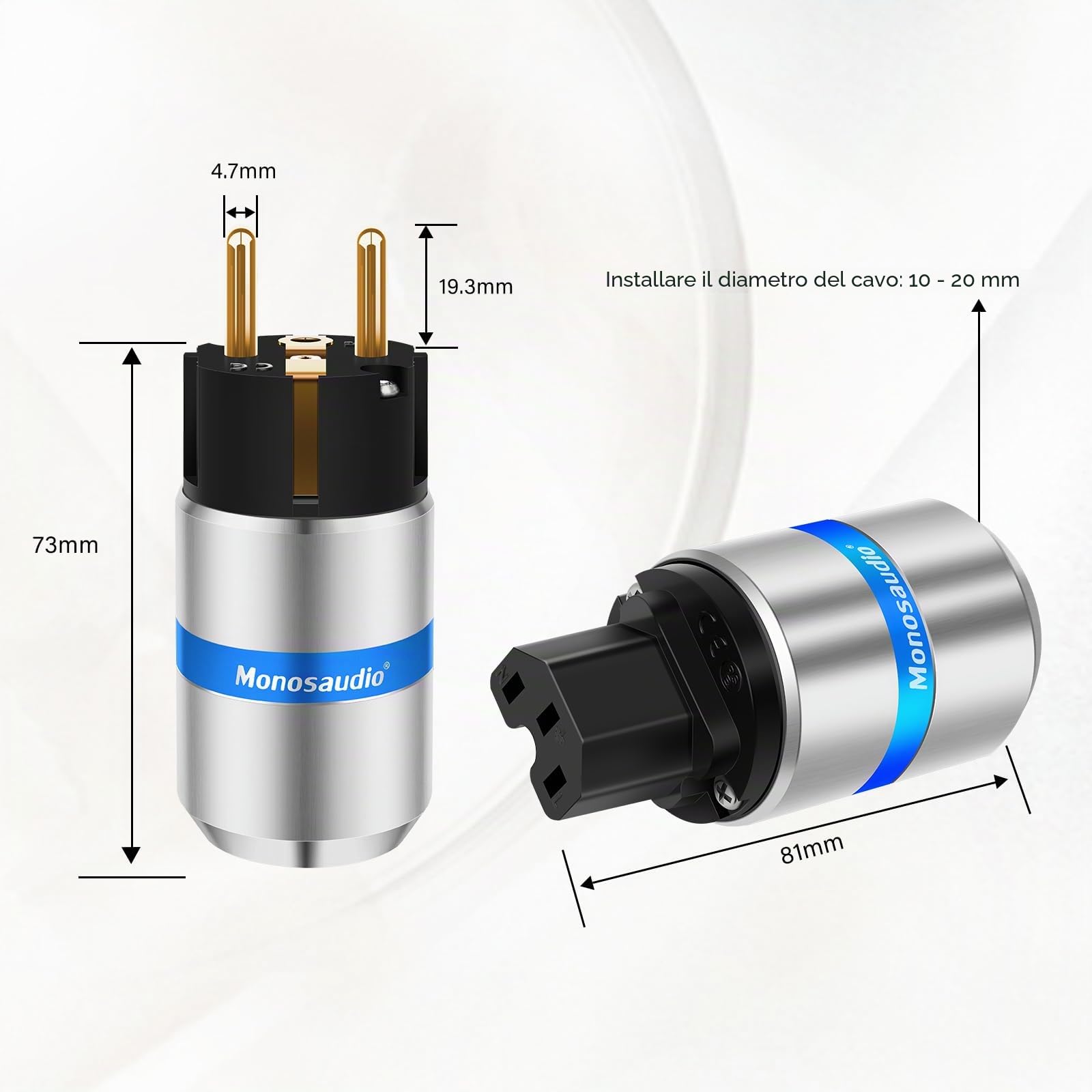 Monosaudio Coppia di connettori Schuko HiFi & IEC C15 presa presa presa di corrente High End per dispositivi freddi, 16 A, 250 V, spina audiofilo (placcato oro, guscio in alluminio, E106G/F106G)