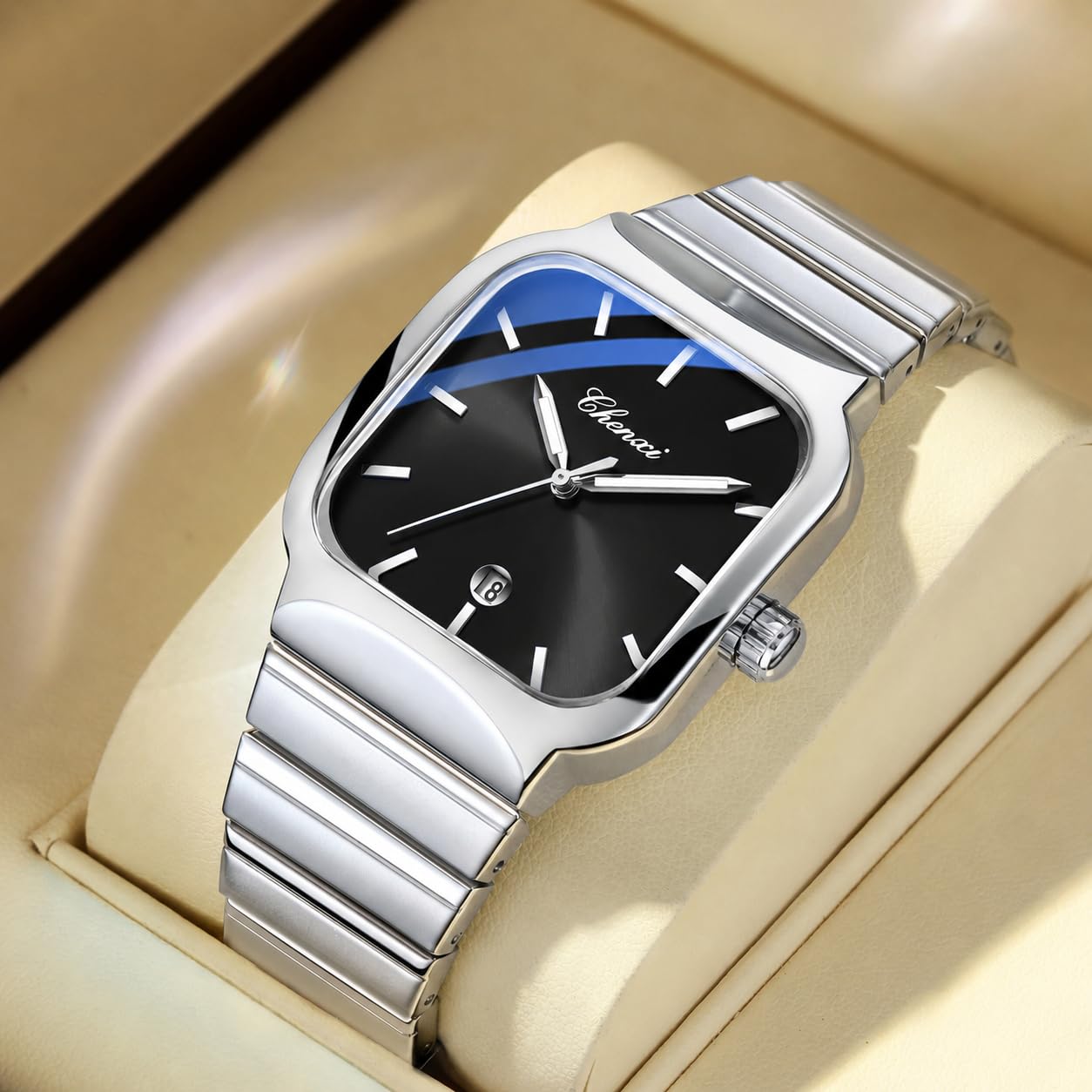 Gosasa Reloj de vestir cuadrado vintage para hombre de acero inoxidable de dos tonos | Reloj de cuarzo con fecha, resistente al agua hasta 30 m, reloj de pulsera analógico clásico de negocios