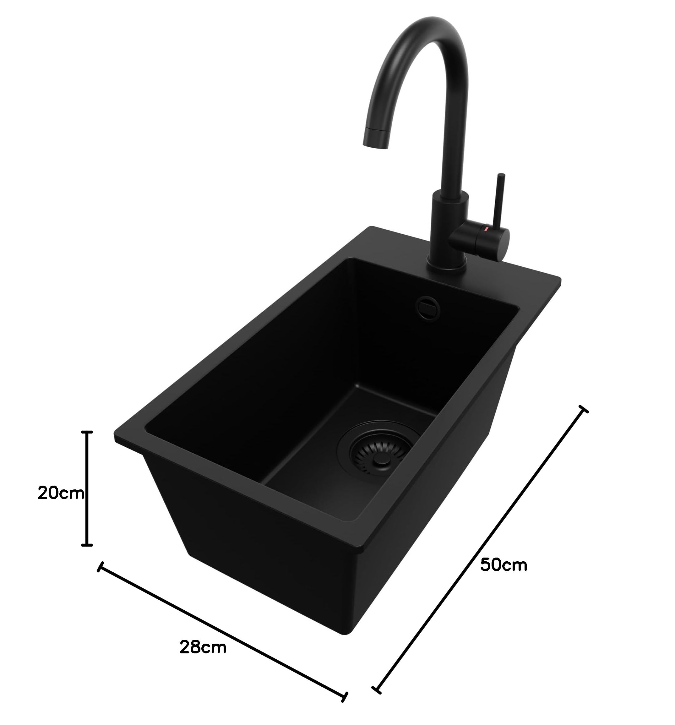 PRIMAGRAN Evier Cuisine en Granit Tout Noir 28x50cm, Lavabo 1 bac + Robinet 32x20cm + Kit de Vidage, Évier à Encastrer au Meuble 30cm - Riga S012